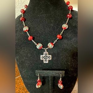 Sterling Silver Cross Painted Beads & Garnet Beads Necklace & Earrings Set NWOT